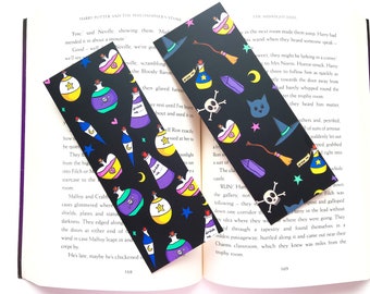 Set of two pastel witch bookmarks potions cat halloween cute kawaii illustration stars moon gift book accessory reader stationery bookworm