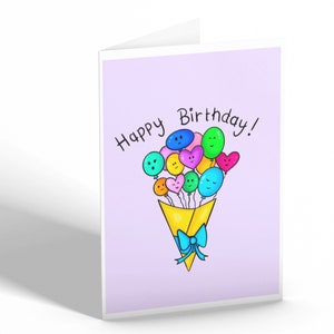 Happy Birthday Handgemachte Grußkarte lustiges Wortspiel kawaii Illustration Freundin Schwester Bruder Luftballons Blumen Grüße handgezeichnet