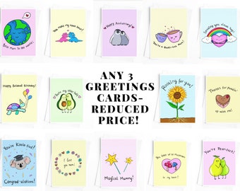 Any 3 greetings cards of your choice reduced price bundle birthday celebration celebrations valentines mothers day fathers friend pun kawaii