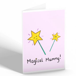 Carte de vœux magique de carte de jour de mères faites à la main de maman de la baguette mignonne de baguette de fille de fils kawaii illustration hand-drawn jeu de mots drôle