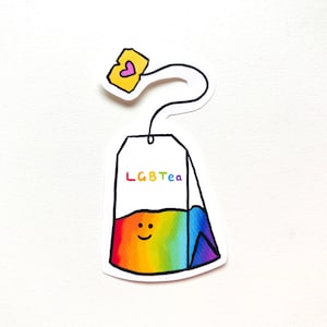 Illustration autocollant vinyle LGBTea jeu de mots drôle lgbtq + oeuvre de fierté thé amour arc-en-ciel bisexuels gays lesbiennes transgenres étranges sachet de thé dessinés à la main