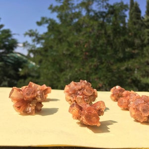 Pu&ograve; includere: Cinque gruppi di cristalli di colore arancio-marrone su una superficie gialla. I cristalli hanno una forma irregolare e una texture ruvida.