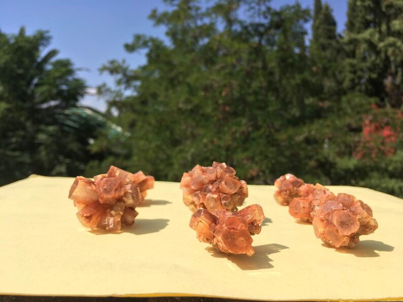 Pu&ograve; includere: Cinque gruppi di cristalli di colore arancio-marrone su una superficie gialla. I cristalli hanno una forma irregolare e una texture ruvida.