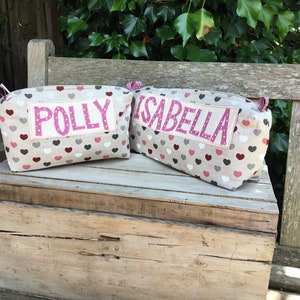 Heart themed personalised wash bag