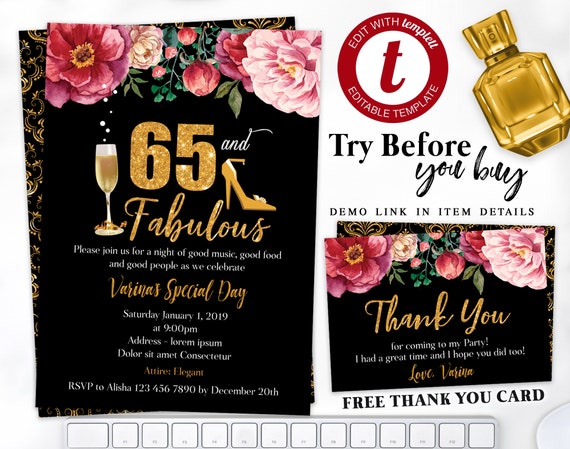 Editable 65th Birthday Invitation Floral Women Birthday Etsy