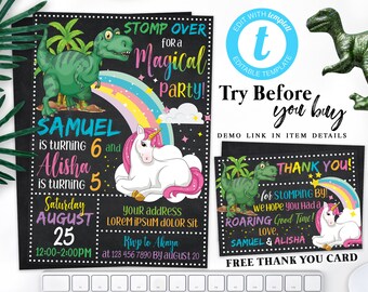 Dinosaur Invitation, Unicorn Invitation, Sibling Birthday Invitation, Twin Invitation, Dinosaur and Unicorn Invitation, Boy Girl Invitation