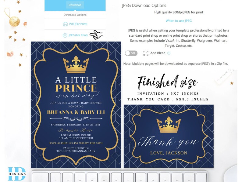 Prince Baby Shower Invitation Royal Prince Invite Crown Navy Gold Boy