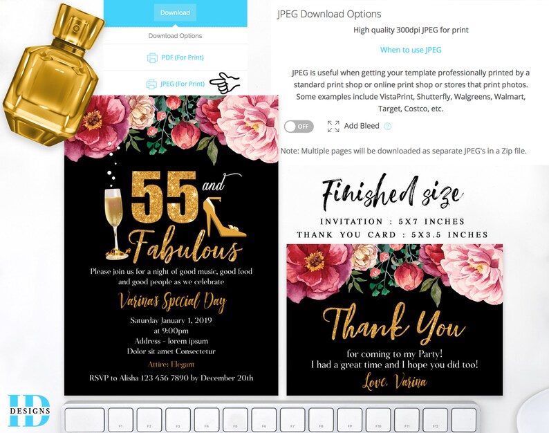 Editable 55th Birthday Invitation Floral Women Birthday - Etsy