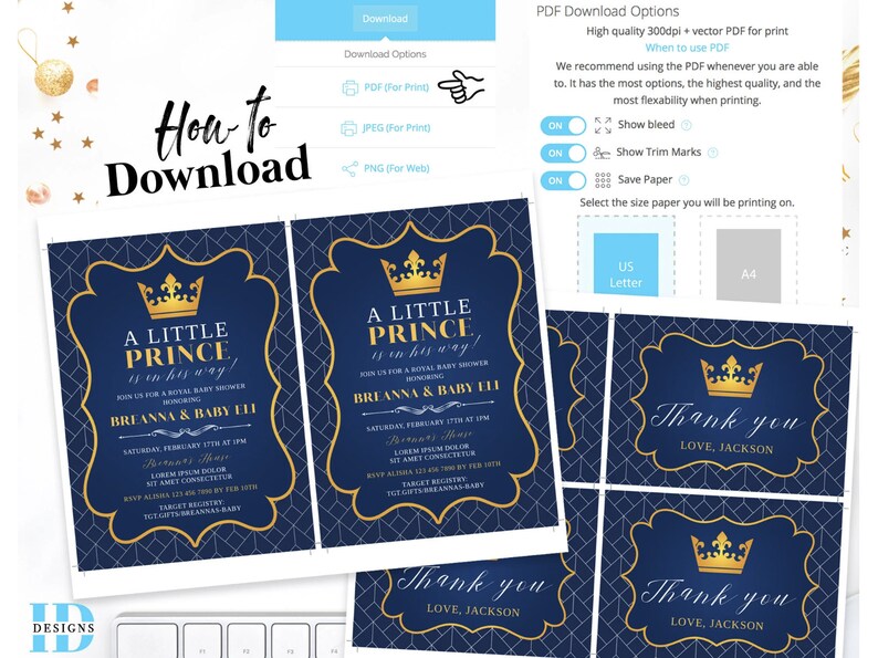 Prince Baby Shower Invitation Royal Prince Invite Crown Navy Gold Boy