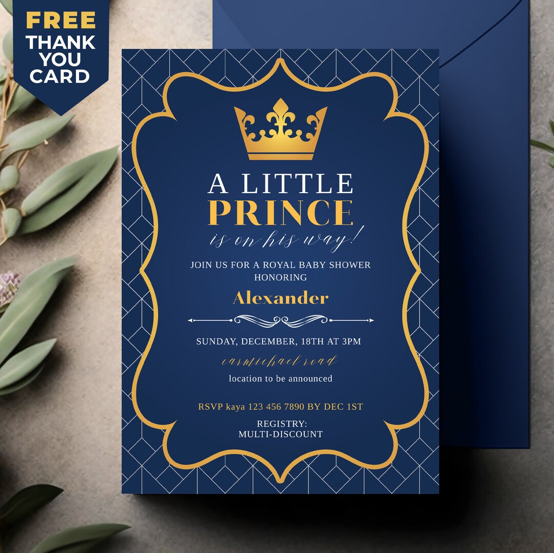 Prince Baby Shower Invitation Royal Prince Invite Crown Navy Gold Boy