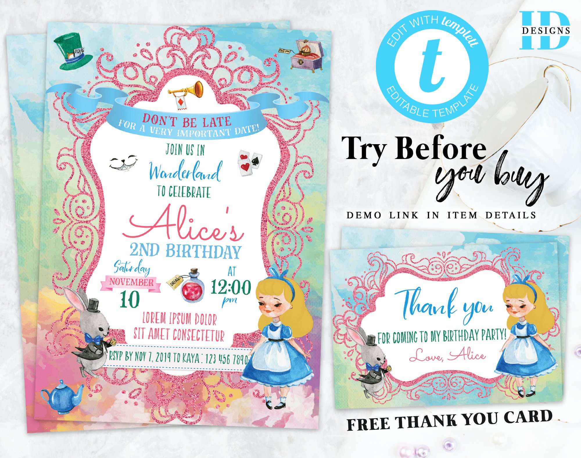 Editable Alice in Wonderland Birthday Invitation Alice in