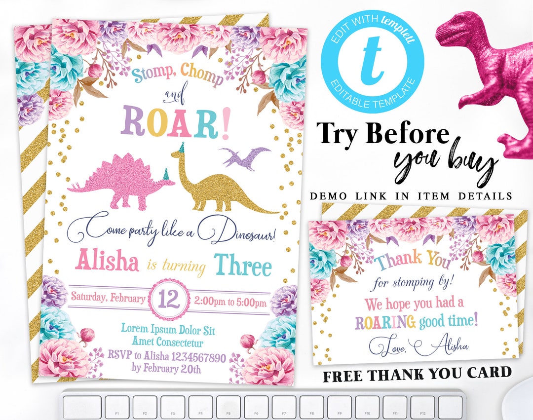 Girl Dinosaur Birthday Invitation Template. Trex Tutus Tiaras. Blush Pink Gold Floral Dinosaur