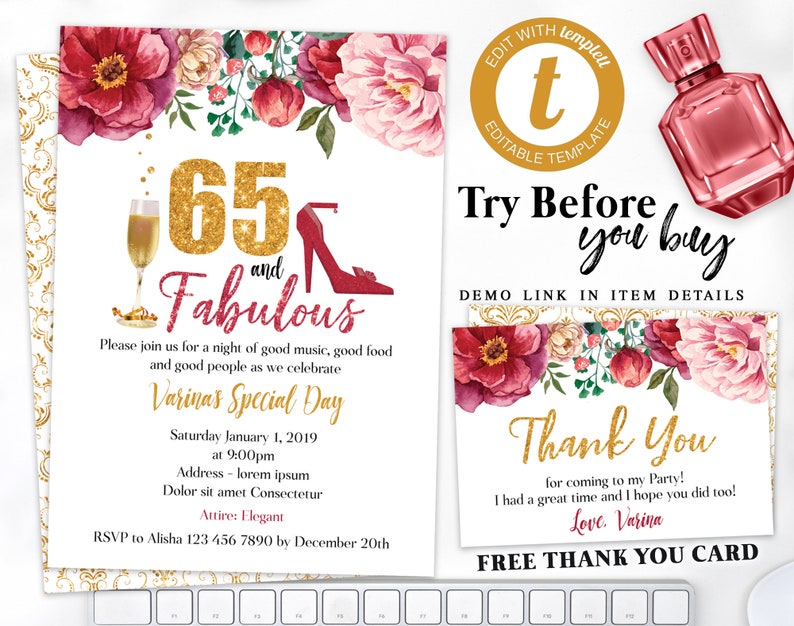 Editable 65th Birthday Invitation Floral Women Birthday Etsy Canada