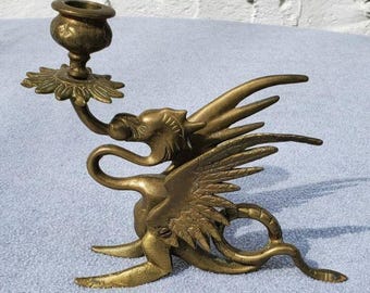 Antique Brass Griffin Gryphon Dragon Candlestick Candle Holder 6.25&quot; x 6.5&quot;