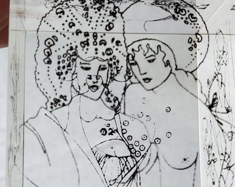Vintage Aubrey Beardsley Line Drawings Lucite Cube Paperweight