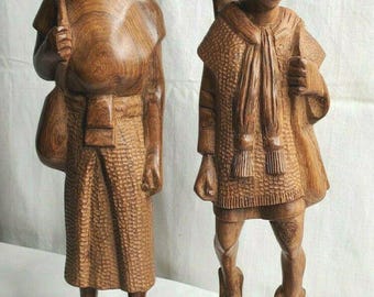 Chamula Chiapas Hand Carved Folk Art Wooden Sculptures Mexican Man & Woman