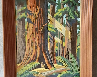 Vintage Paint by Number PBN Redwood Forest  Ferns Deer Wooden Frame 19.5"x15.5"