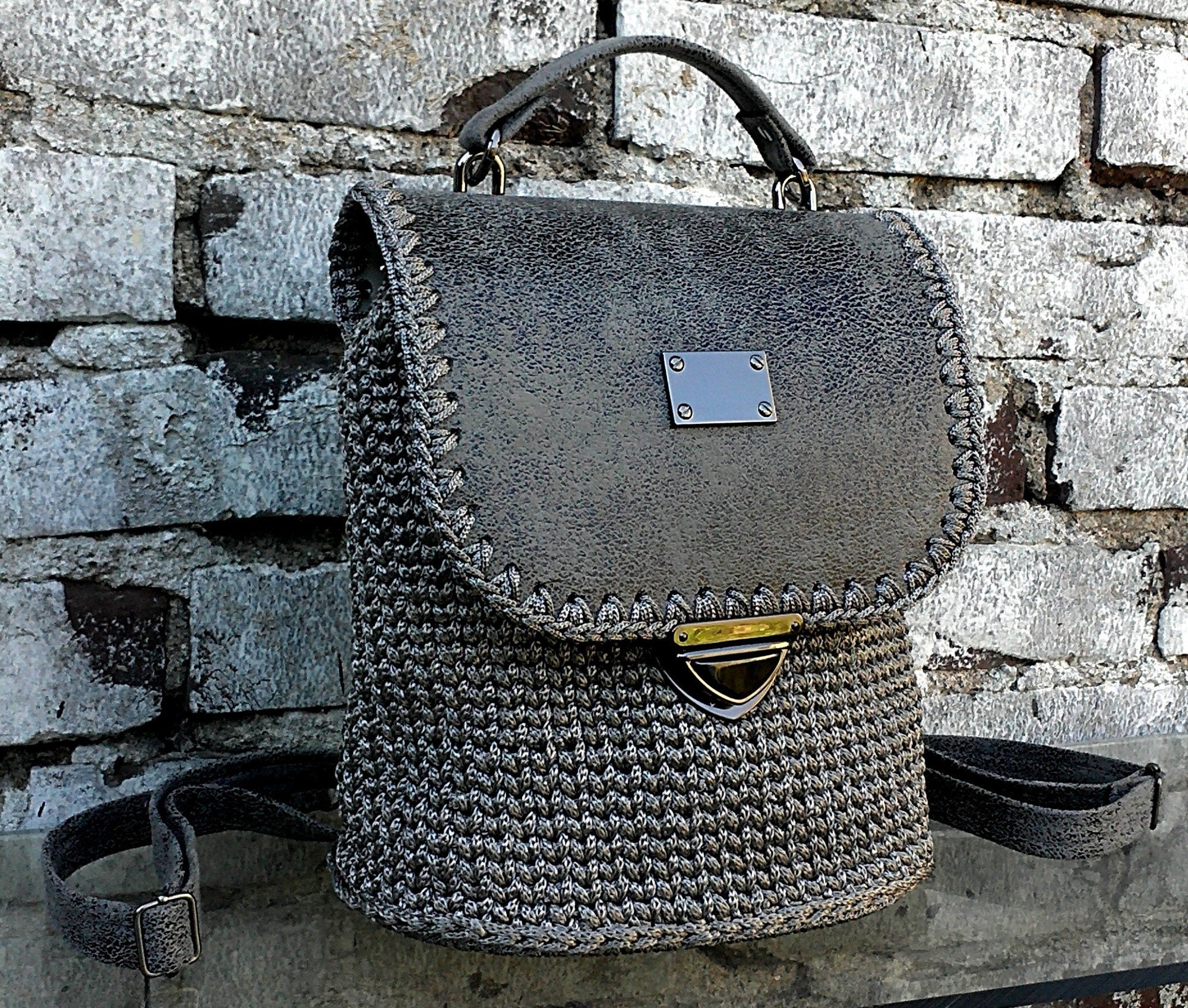 Grey Leather Mini Backpack With Chain.women's Bag With