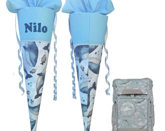 Whale school cone matching the Aqua School Mood, for boys and girls, sewn, custom, casual