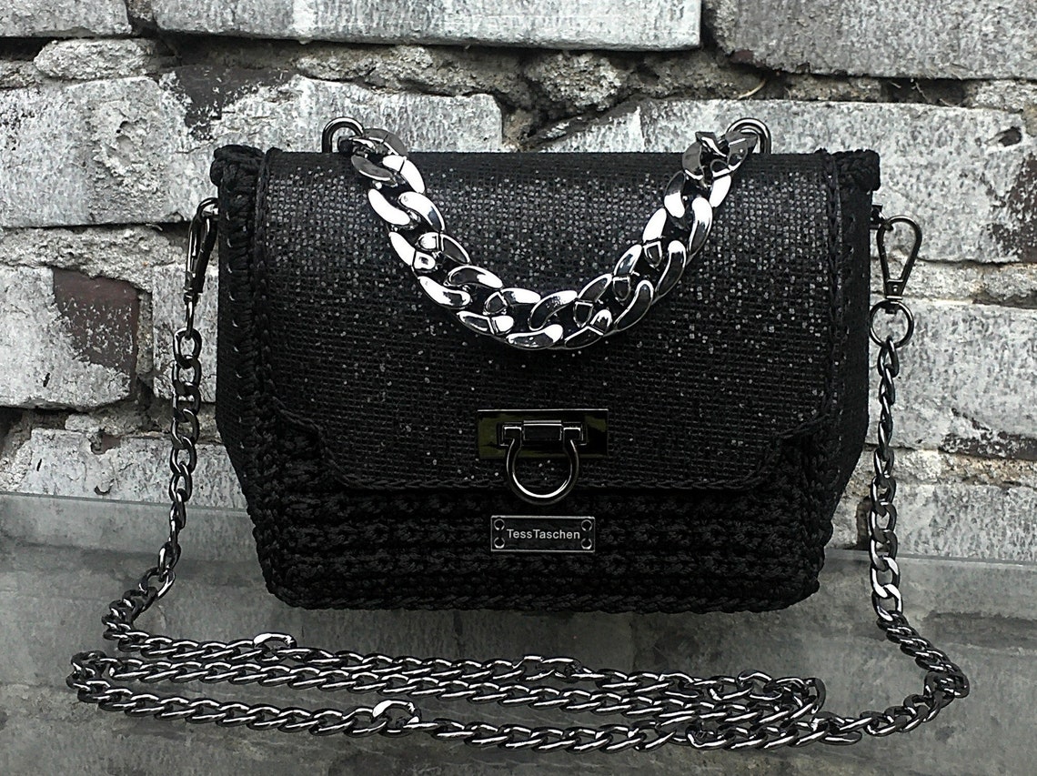 Small black evening bag with massive chain.Shiny clutch with Etsy