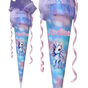 Cono escolar unicornio – con nombre – cartón blanco y tela – cono de caramelo rosa pastel – azul – regalo de inscripción escolar niña