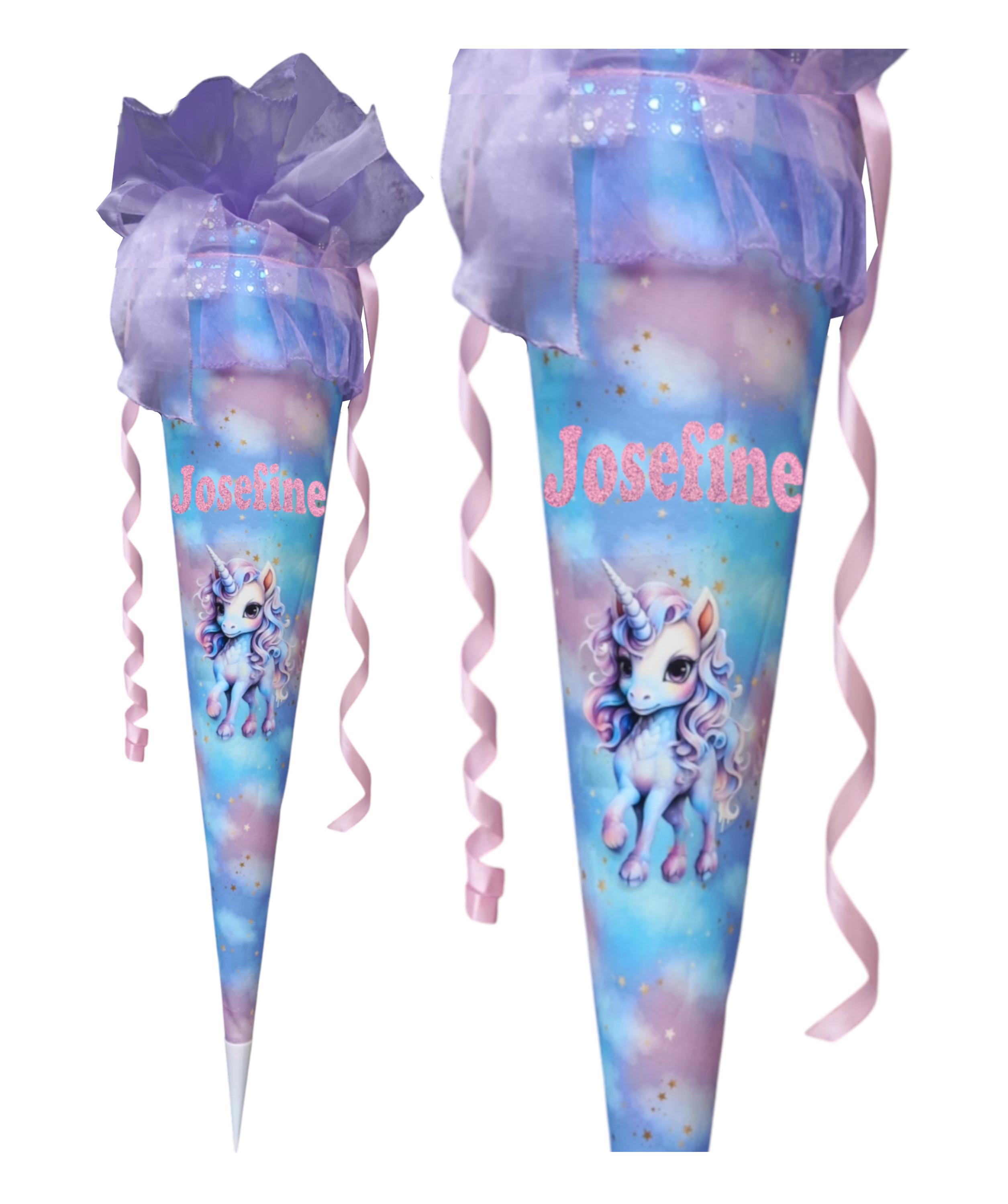 School cone unicorn – with name – cardboard blank & fabric – candy cone pastel pink - blue – school enrollment gift girl