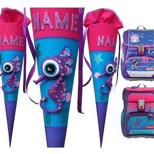 Cono escolar de caballito de mar a juego con los Delfines Brillantes Paso a Paso, OCÉANO NUBE, estrella de mar rosa, para niñas, cosido, con nombre