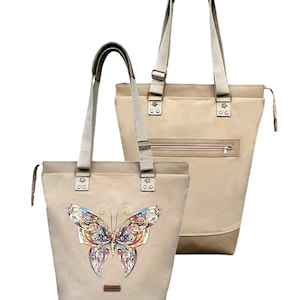 Butterfly prints shoulder bag Beige big Tote bag Canvas Cotton Zippered Summer beach bag Gift for women Designer bags Bucket bag