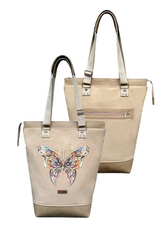 Butterfly Prints Shoulder Bag Beige Big Tote Bag Canvas Cotton Zippered Summer Beach Bag Gift for Women Designer Bags Bucket Bag Etsy Ireland