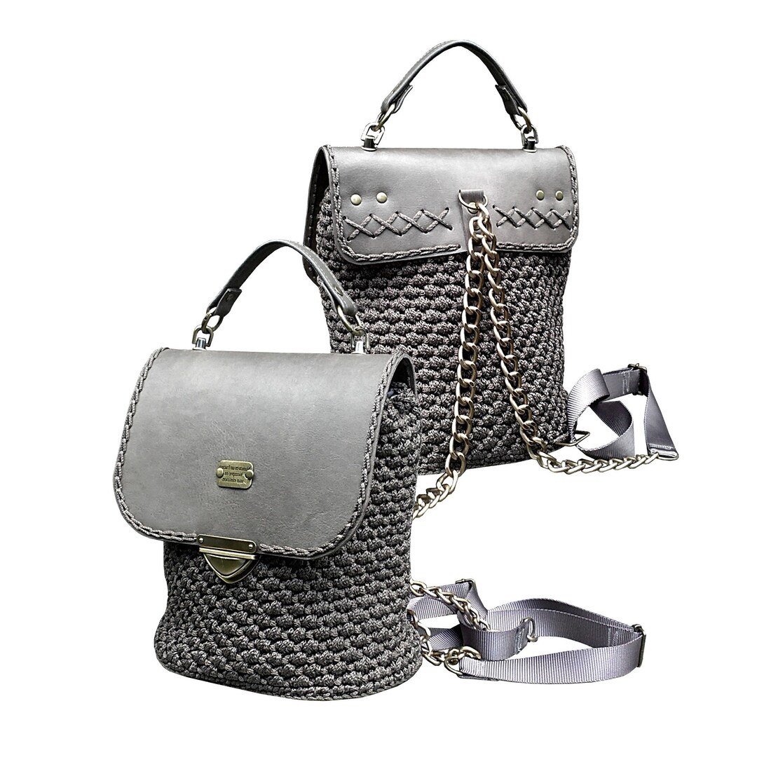 Grey leather mini backpack with chain.Women s bag with backpack function. Exclusive Designer crocheted backpack.Unusual Design.Single copy Etsy