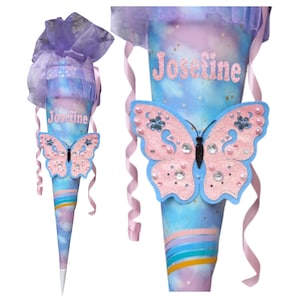 Cono escolar 3D mariposa con pedrería – con nombre – cartón en blanco y tela – regalo de inscripción escolar arcoíris – adecuado para cartera Butterfly