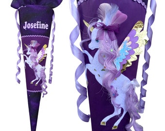 Purple Sky school cone with 3d unicorn for girls/ matching the Bärgasus/Dreamy Pegasus/ Horse Club Andalusier, desired name