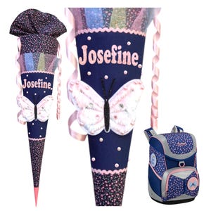 Cono escolar 3D mariposa con pedrería – con nombre – cartón en blanco y tela – regalo de inscripción escolar – adecuado para la cartera Lady Butterfly