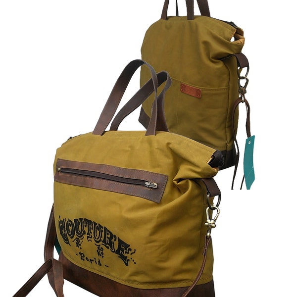 Mustard yellow-brown Tote bag with zipper.Waterproof,Impregnated Shoulder Bag.Waxed Cotton. Eco-Leather.Many Interior and front pockets.