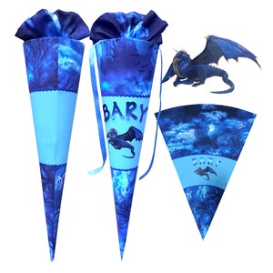Cartable assorti cartable, dragon bleu avec ailes, château, pour garçon, personnalisé, cousu, prénom