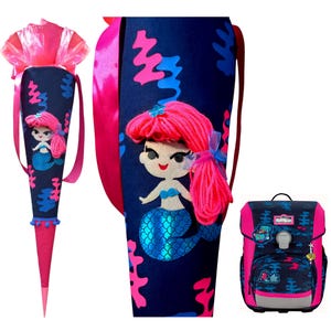 Cono escolar de sirena neón personalizado (con nombre), cartón en blanco y tela, cono de caramelo a juego con la mochila escolar MagicSea Scout.