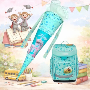 Cono scolastico in tessuto personalizzato con ricamo unicorno 3D e treccia in menta e turchese – con nome – per lo zaino scolastico Ergobag Reitbärtraum