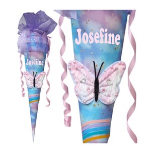 Cono escolar 3D mariposa con pedrería – con nombre – cartón en blanco y tela – regalo de inscripción escolar arcoíris – adecuado para cartera Butterfly