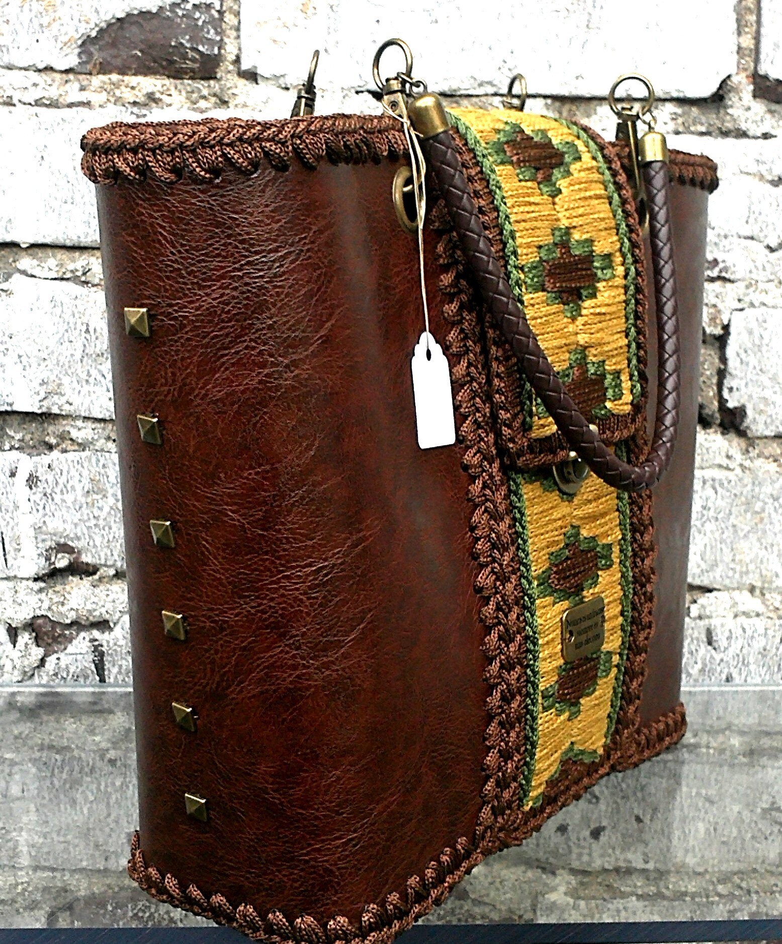 Brown leather tote bagmedium shopper bags with embroidery  etsy