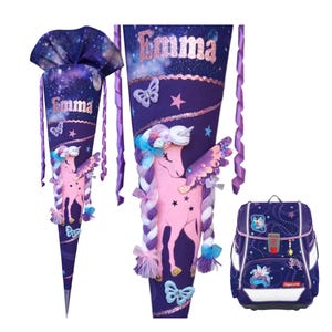Cône scolaire personnalisé avec nom | Licorne et Pégase | Assorti au sac d'école Pegasus Emily | Cornet de bonbons pour filles | Avec des paillettes.