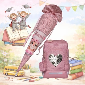 May include: Pink school supplies set featuring a large cone-shaped bag with a cat illustration and the name "Enni" and a matching backpack with a sequined heart. The cone has a pink leopard print pattern. A school bus and pencils are also visible.