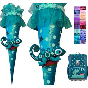 May include: A turquoise blue school backpack featuring a chameleon design. The backpack has a large main compartment, a front pocket, and adjustable straps. The chameleon is green with pink and purple accents. The backpack is decorated with white polka dots and stars.