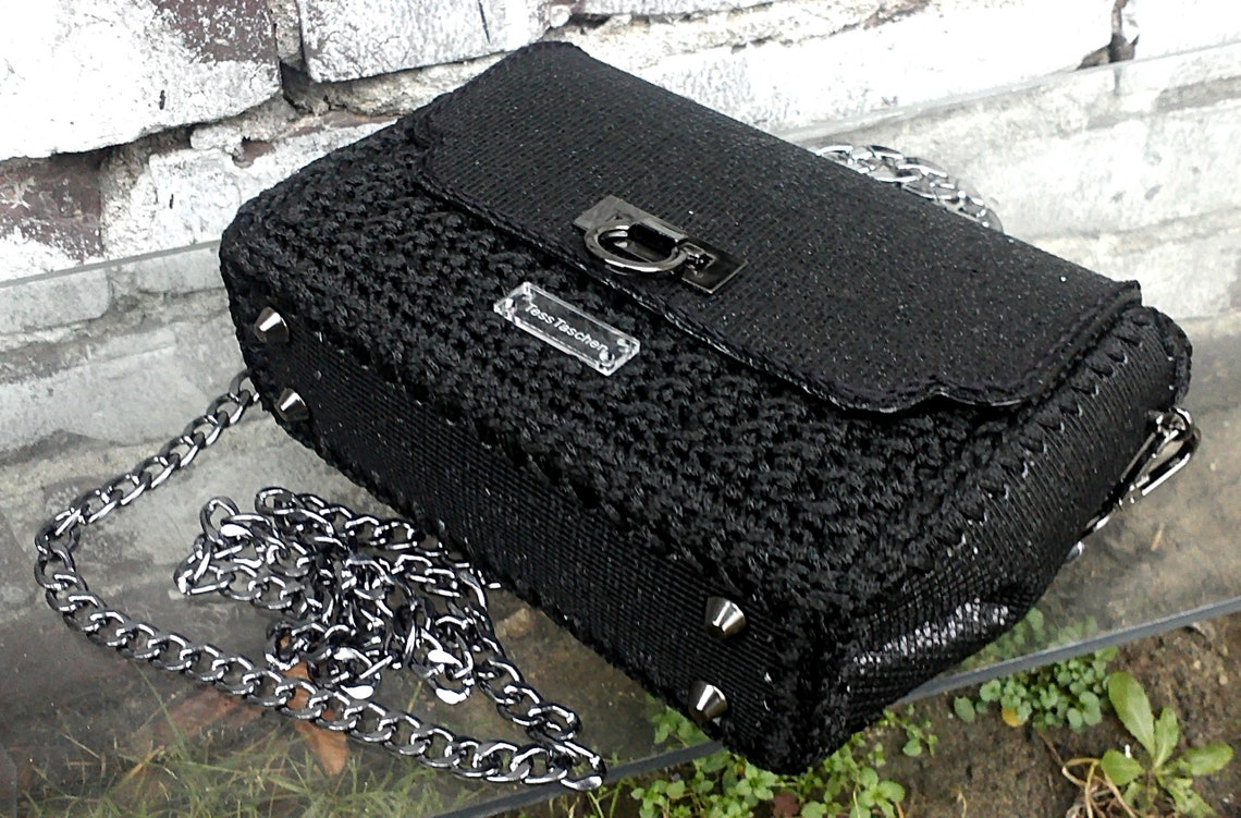 Small black evening bag with massive chain.Shiny clutch with Etsy