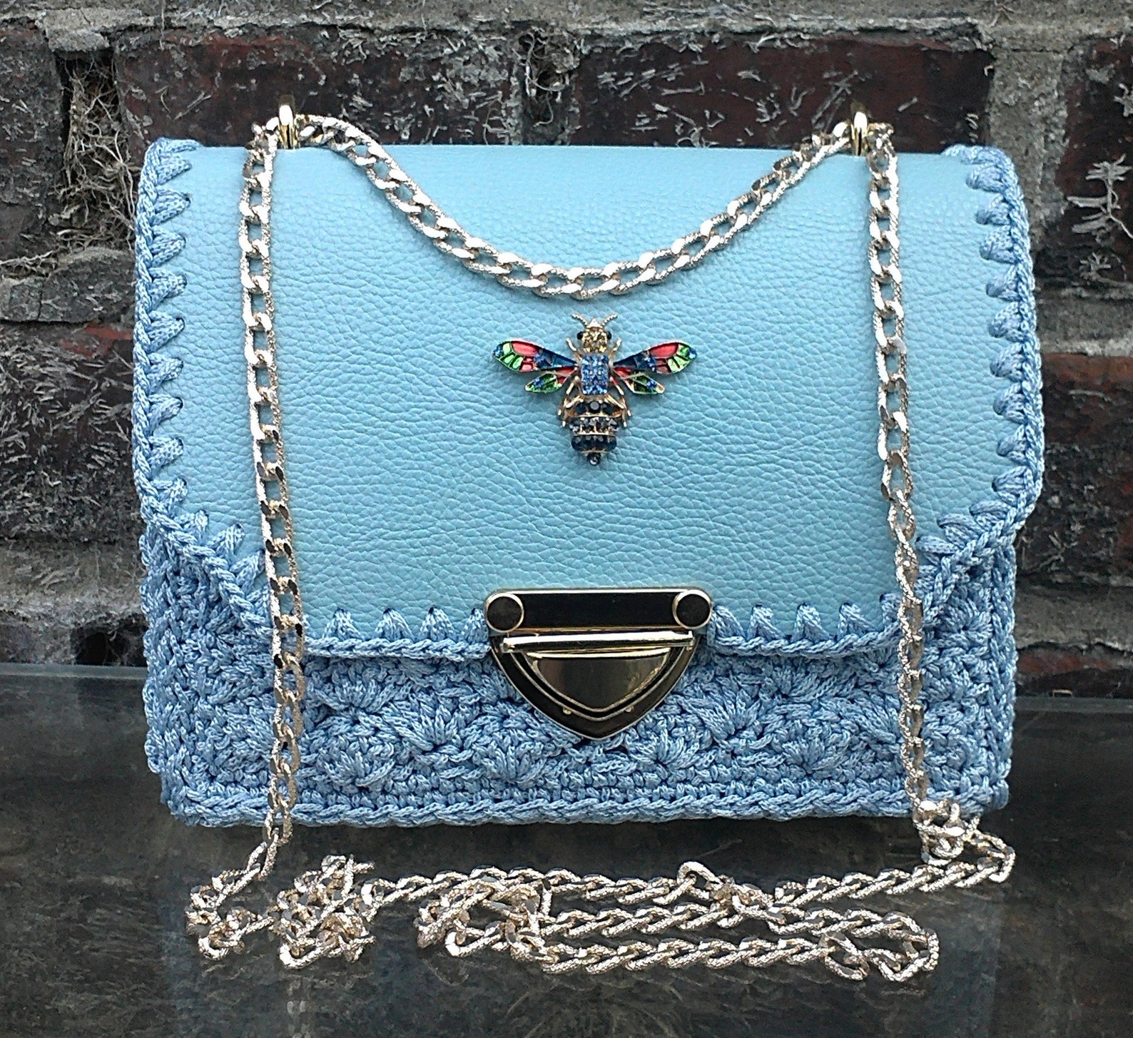 Pastel blue Leather shoulder bag/Small purse with a rhinestone Etsy