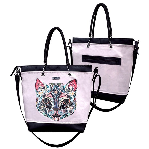 Große rosa und schwarze Tote Tasche mit Reißverschluss. Katze Liebhaber Tasche. Leinwand Umhängetasche