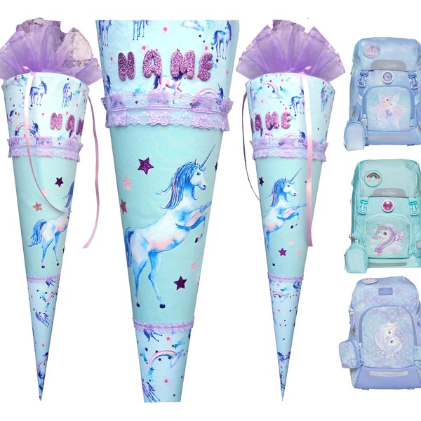 Einhorn Schultüte passend zum Beckmann Star Princess,Patch Glitter Exklusiv Kollektion,Unicorn Princess Ice Blue, für Mädchen, Wunschname