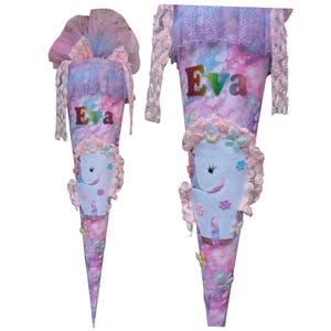 Unicorn school cone for girls | Pastel candy cone with name & tulle | Glitter school cone 70 cm | Personalized for school enrollment 2025