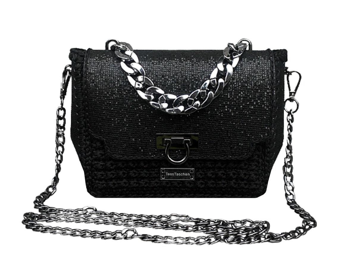 Small black evening bag with massive chain.Shiny clutch with Etsy
