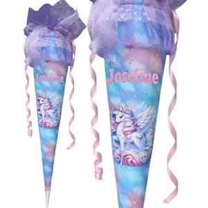Cono escolar personalizado unicornio – 70 cm – con nombre – cartón blanco y tela – cono de caramelo pastel – regalo de inscripción escolar para niñas