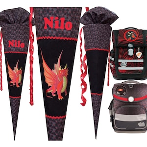 Cartable assorti Mika Dragon, cartable, dragon rouge, personnalisé, pour garçons, pour filles, cousu, tissu